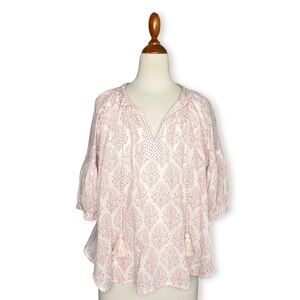 ALAMWAR Indian Block Print Cotton Shirt Size Small Tassels Hand Crafted S/S